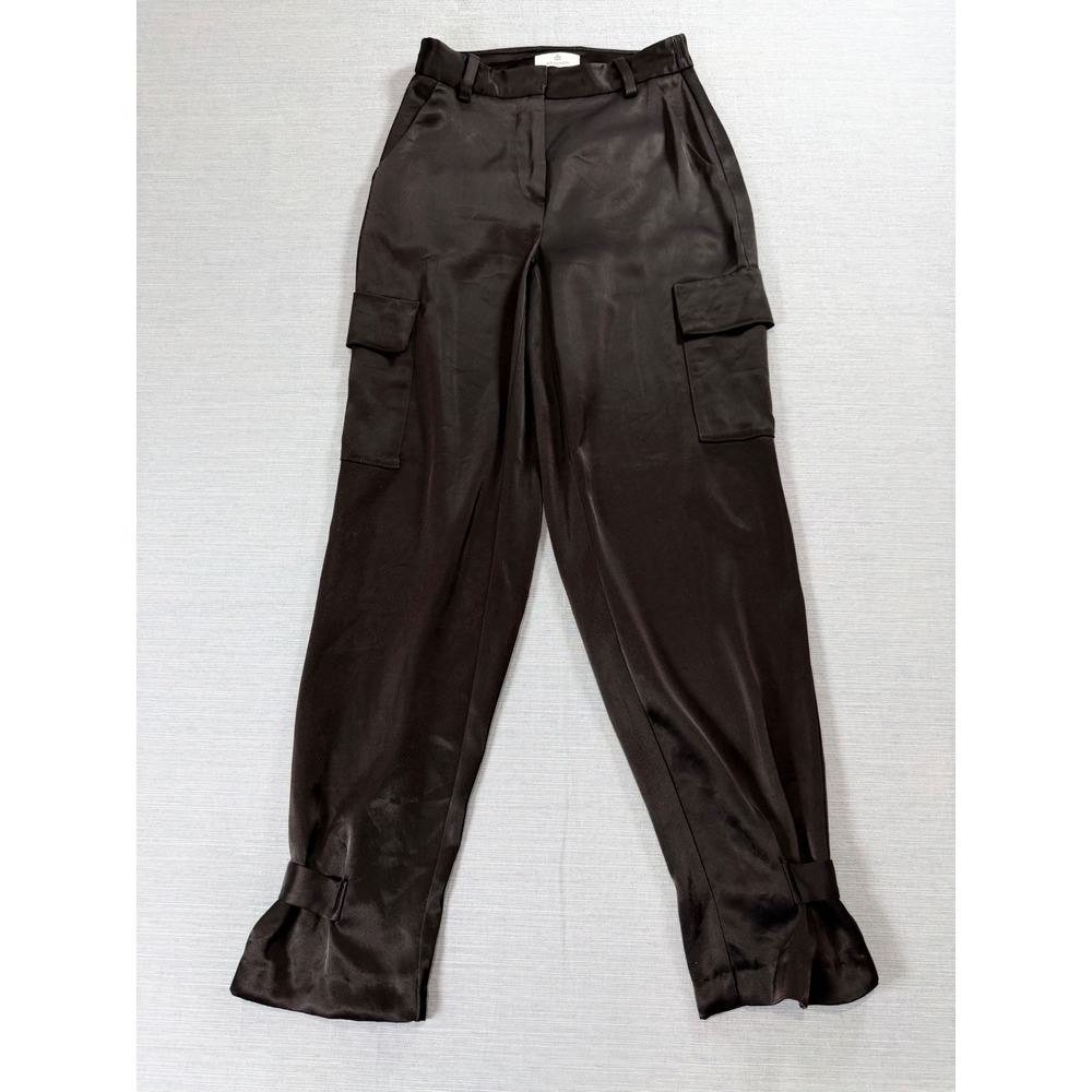 Babaton Satin Cargo Pants Womens 00 Black Excellent Buckle Ankle High Rise